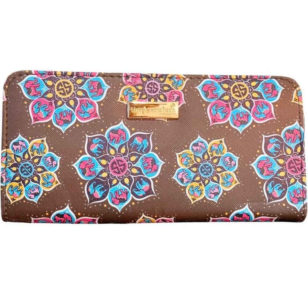 Simply Southern Beach Wallet Brown Colorful Elephant Mandala Gold Zipper Close